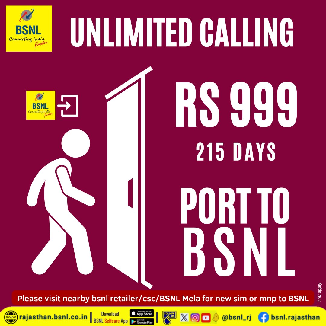 BSNL_RJ's tweet photo. Unlimited calling for 215 days in just Rs 999/-
#PortToBSNL #bsnlमें_पोर्ट_करो #BSNL_की_घर_वापसी https://t.co/h1jZYhczfq