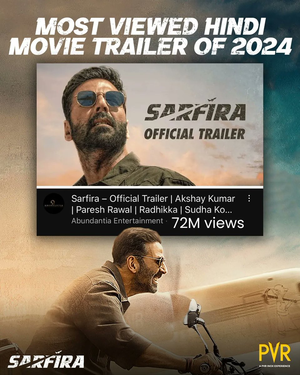 _PVRCinemas's tweet photo. The excitement for Sarfira is off the charts! 😍📈
The trailer is the most viewed Hindi movie trailer of 2024 and has claimed the top spot as the most anticipated new Indian movie on IMDb.

Releasing at PVR INOX on July 12! 
.
.
.
#AkshayKumar #RadhikaMadan #Sarfira #PareshRawal #MostViewedTrailer #MostAnticipated