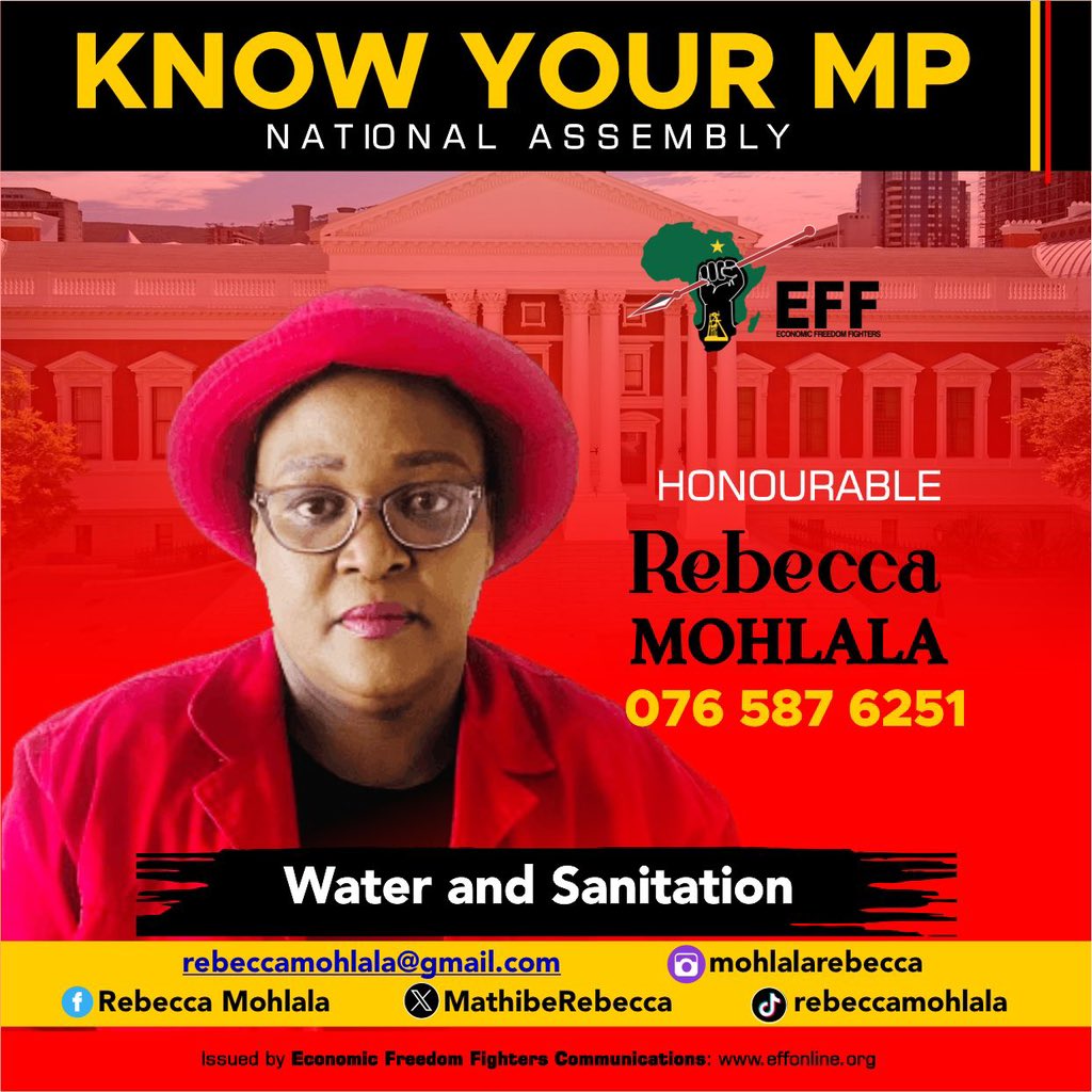 EFFSouthAfrica's tweet photo. ♦️Know Your EFF MPs♦️

Ours is a generational mission towards Economic Freedom In Our Lifetime! We will continue to wage a struggle in governance and on the ground, and deliver true liberation for our people!

Follow Your EFF MPs here:

 @LoratoTito 
@ThapeloMogale_
@MathibeRebecca 

#EFFInParliament