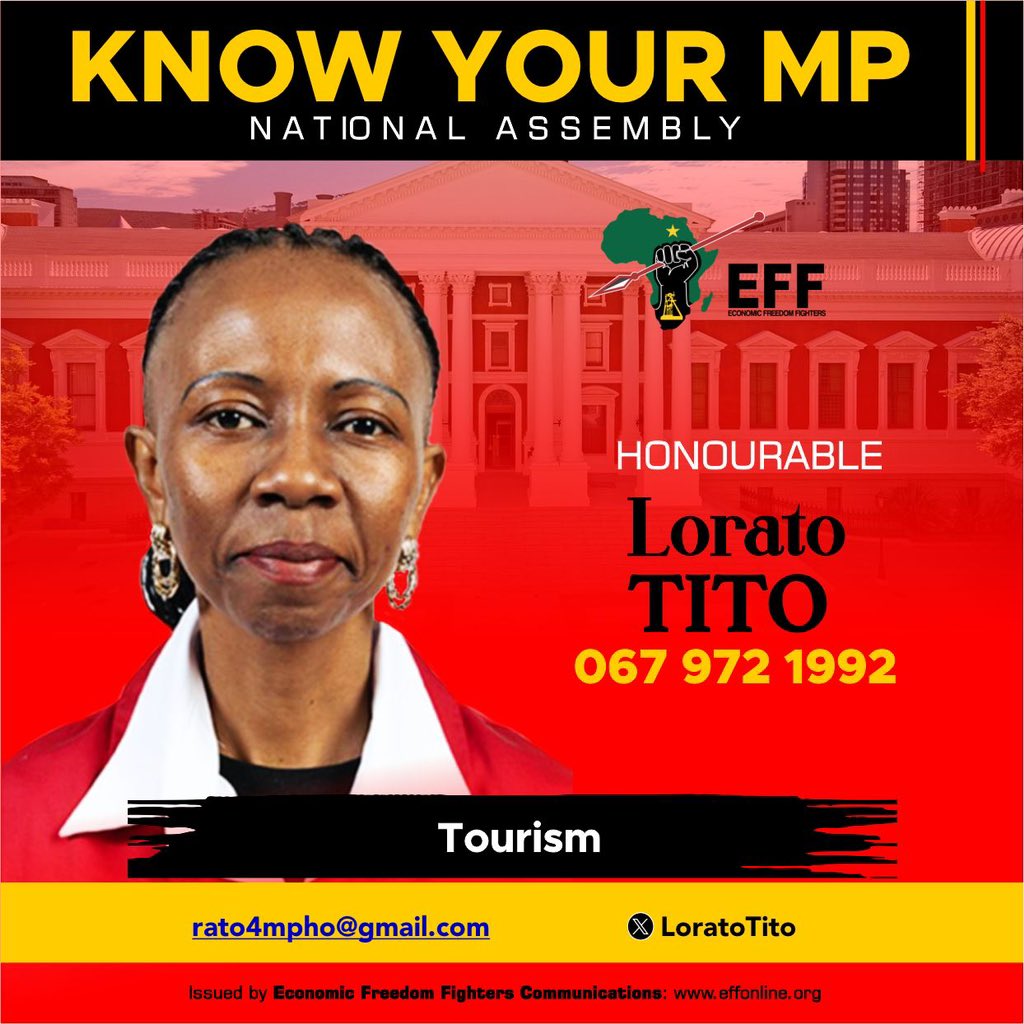 EFFSouthAfrica's tweet photo. ♦️Know Your EFF MPs♦️

Ours is a generational mission towards Economic Freedom In Our Lifetime! We will continue to wage a struggle in governance and on the ground, and deliver true liberation for our people!

Follow Your EFF MPs here:

 @LoratoTito 
@ThapeloMogale_
@MathibeRebecca 

#EFFInParliament