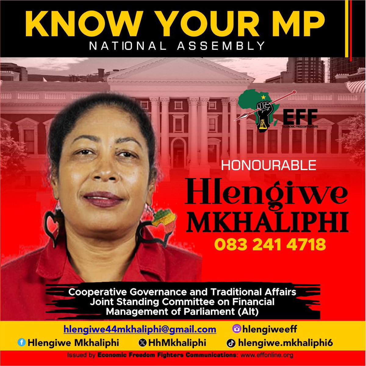 ♦️Know Your EFF MPs♦️

We will continue to stand as a strong opposition within a National Government dominated by neo-colonial forces, racists, and entities that prioritize the interests of domestic and global markets above those of the people.

Follow Your EFF MPs here: