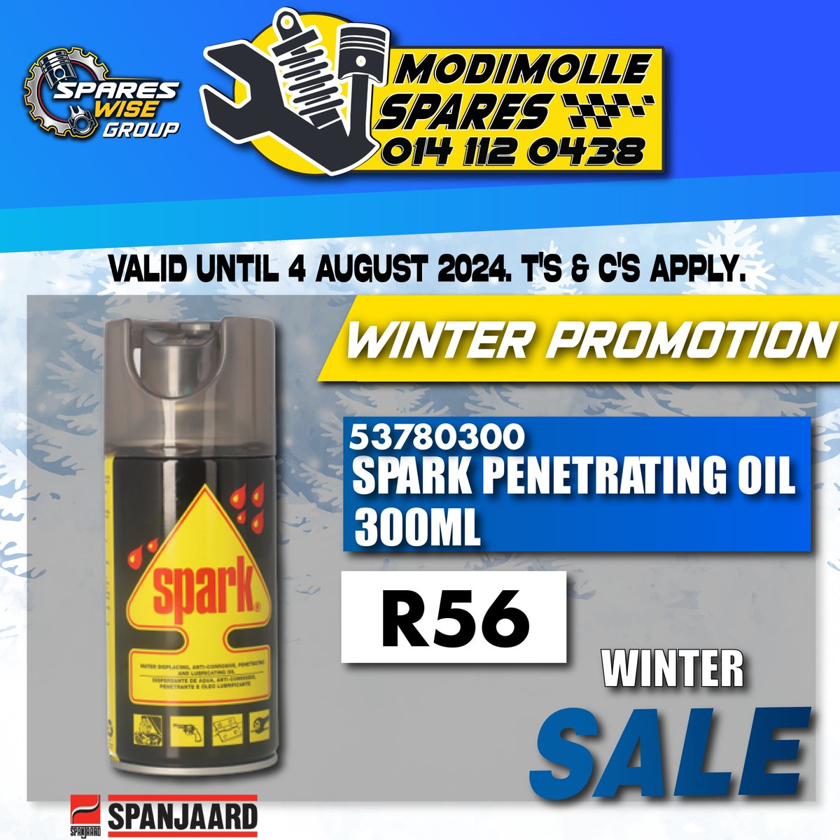 modimollespares's tweet photo. Winter Promo!! 
View our full special here: https://t.co/h3OVrQpEmQ
#WinterPromo #SpanjaardSpark #penetratingoil #WinterSavings #SparesWiseGroup #CarCare #AftermarketParts https://t.co/Bc8waWXYTm