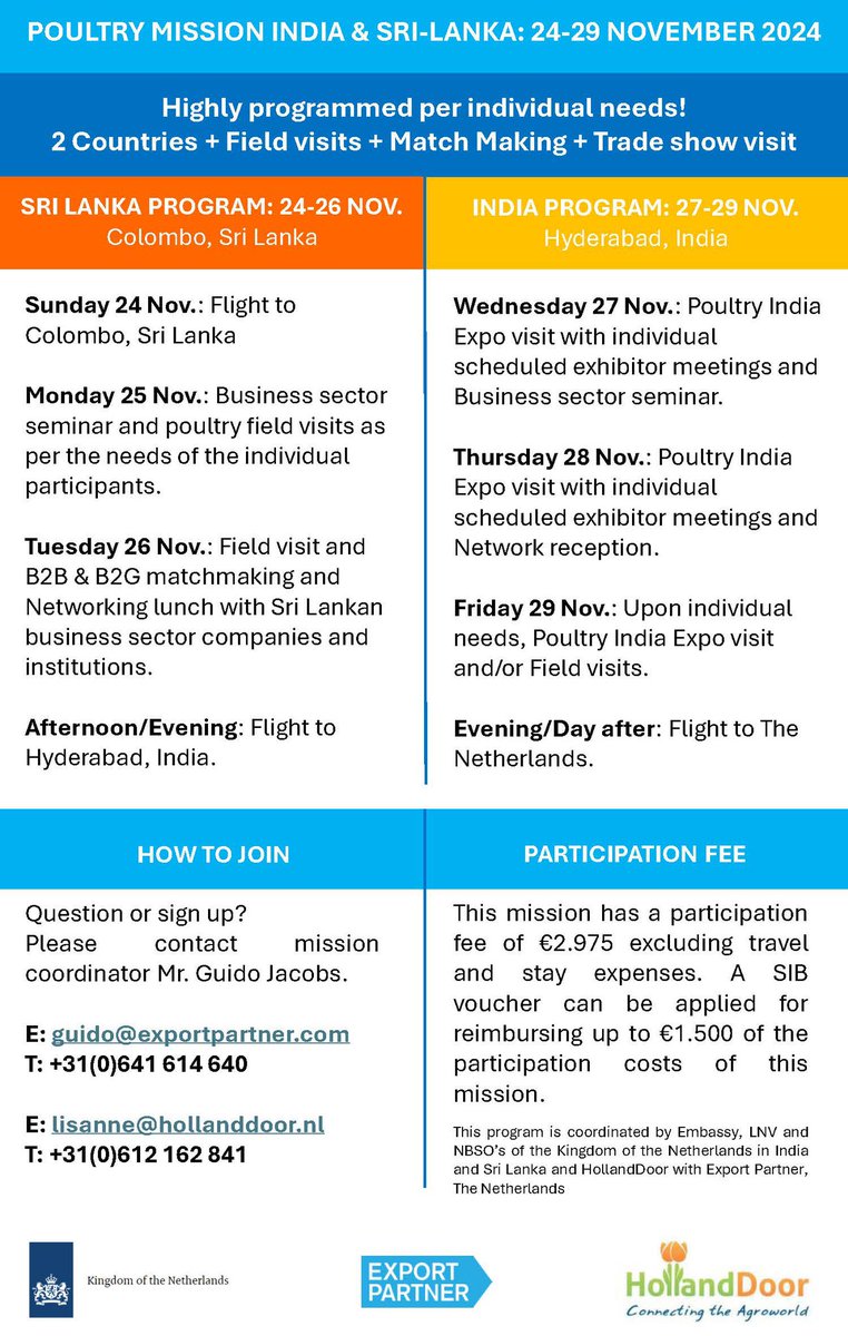 The Dutch Embassies in Sri Lanka and India, together with other partners, are organizing a combined trade mission for the Dutch poultry companies who wish to enter or expand their business in the region. A program tailored to individual needs is available. #poultry #Dutch