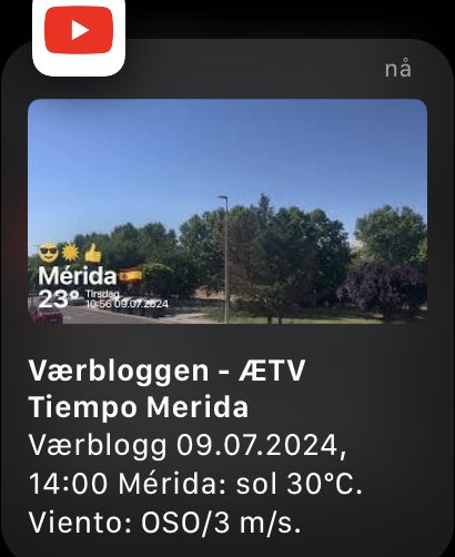 Værblogg 09.07.2024, 14:00 Mérida: sol 30°C. Viento: OSO/3 m/s. youtu.be/QlB2uUkGT3A?si…