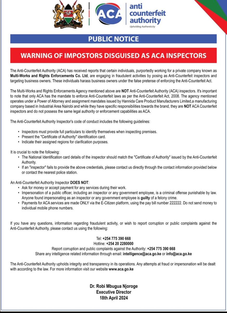 <a href="/BenardKaibe/">Bernard Kaibe</a> <a href="/CA_Kenya/">Communications Authority of Kenya (CA)</a> Dear Sir,

We are sorry for this predicament. 

We have no engagement whatsoever with the said group of people to undertake any work of the Authority. 

We issued a public notice against the same peole as shown here-under. 

Kindly get further details and redirect to our inbox.