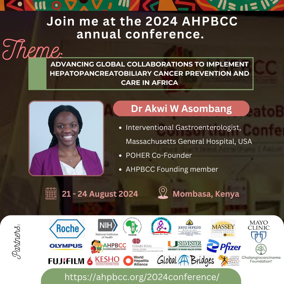 Annual Africa HepatoPancreatoBiliary Cancer Consortium #AHPBCC2024

➡️one of the largest HPB cancer meetings in Africa

🗓️ August 21st -24th, 2024

📍Registration
AHPBCC.org/2024conference

📍 Mombasa, Kenya! 🇰🇪 🌍 

#cancercare #globalhealth #gastroenterology
<a href="/CANCERKESHO/">KESHO</a>