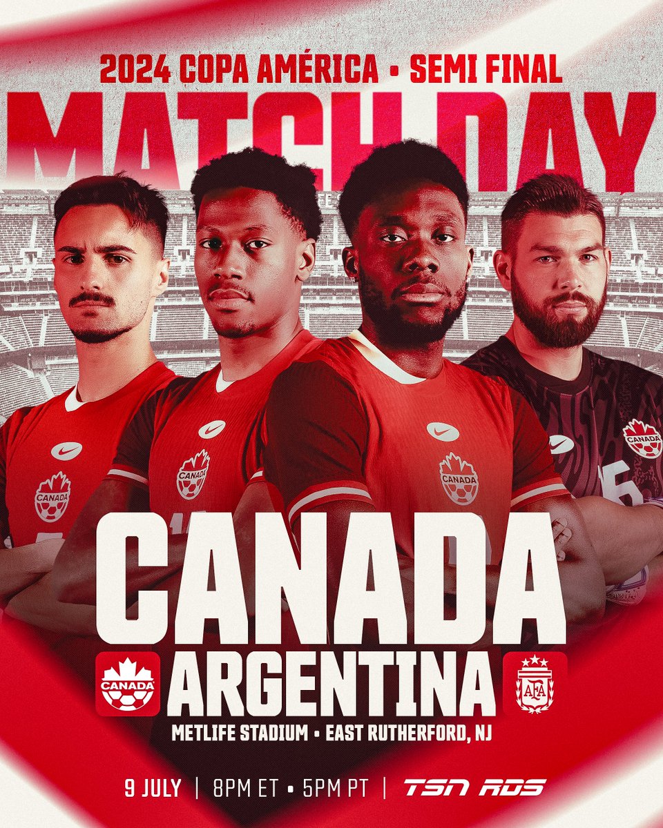 IT’S MATCH DAY 🍁

Time for a rematch with a spot in the 2024 Copa América Final on the line. 🇨🇦🇦🇷

#CANMNT #NoFearAllFight