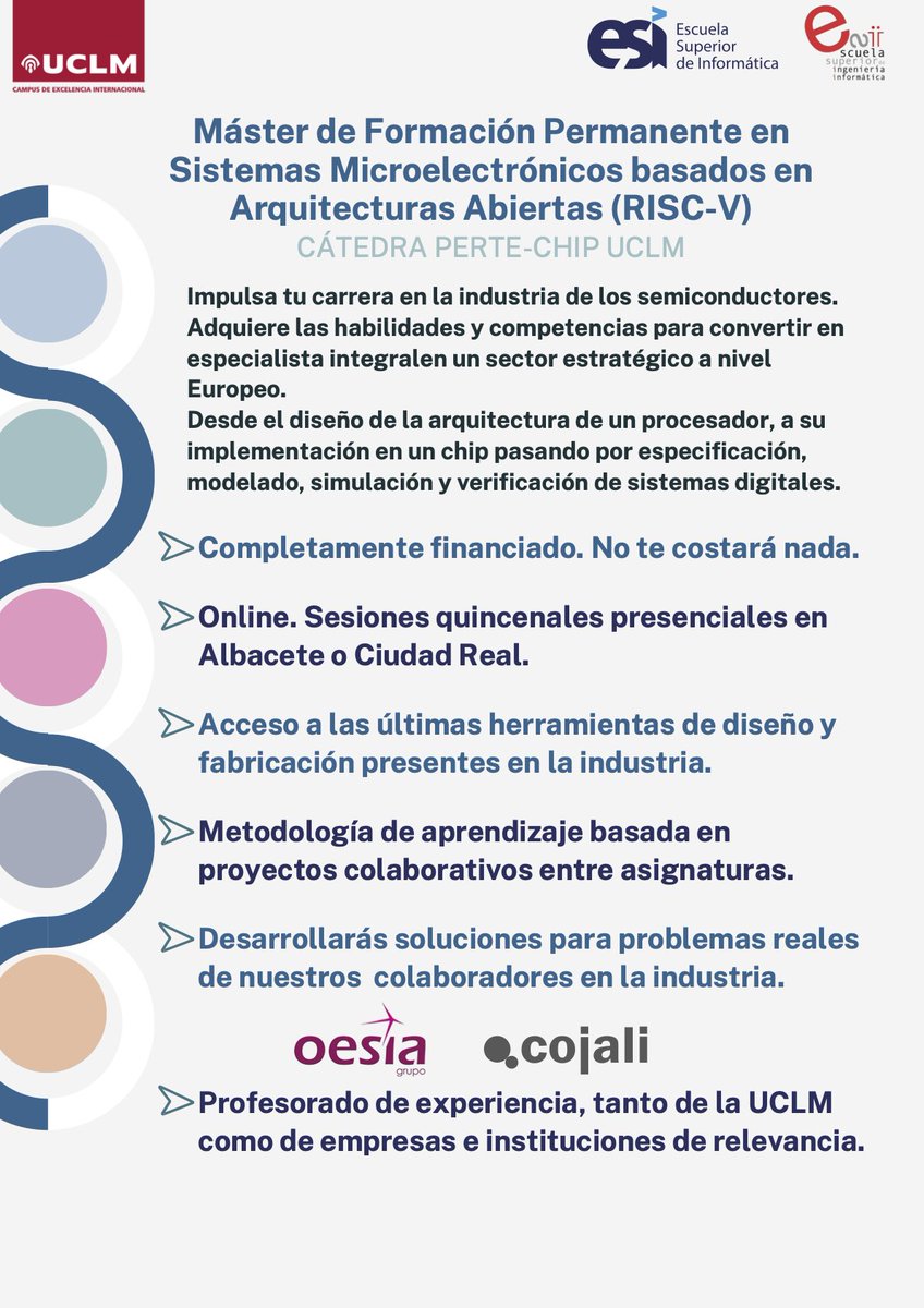 ESII (@esiiab) on Twitter photo Máster en Sistemas Microelectrónicos Basados en Arquitecturas Abiertas (RISC V). Actividad de la cátedra #PERTEChip de la <a href="/uclm_es/">Universidad de Castilla-La Mancha</a>, completamente financiado.
<a href="/esiiab/">ESII</a> <a href="/esiuclm/">ES. Informática UCLM</a>
🌐uclm.es/estudios/propi… Máster en Sistemas Microelectrónicos Basados en Arquitecturas Abiertas (RISC V). Actividad de la cátedra #PERTEChip de la <a href="/uclm_es/">Universidad de Castilla-La Mancha</a>, completamente financiado.
<a href="/esiiab/">ESII</a> <a href="/esiuclm/">ES. Informática UCLM</a>
🌐uclm.es/estudios/propi…