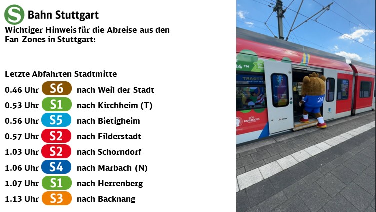 SBahn_Stuttgart's tweet photo. ⚽️#EURO2024 ⚽️

Empfehlung für eure An- und Abreise zu den Fan Zones in #Stuttgart zum Spiel #Spanien🇪🇸 - #Frankreich🇫🇷

ℹ️ Beachtet bitte jeweils die letzten Abfahrten der S-Bahnen ab Stuttgart.

@2024Stuttgart @bpol_bw @PP_Stuttgart @stuttgart_stadt #SPAFRA #UnitedbyFootball https://t.co/aCotfT5S8I