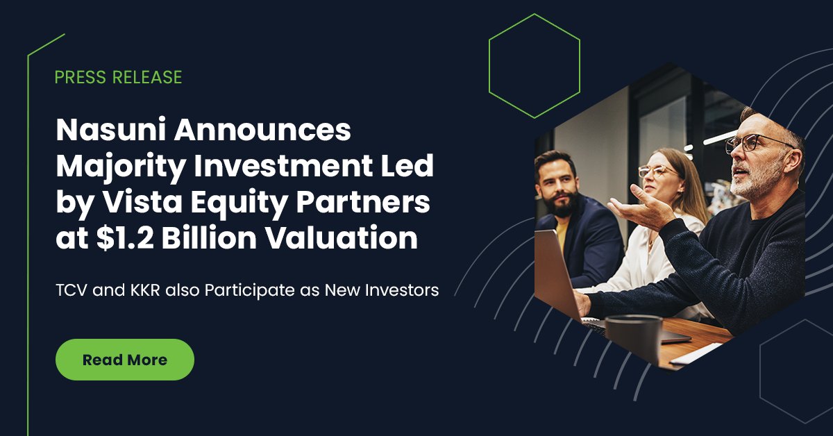 Nasuni is proud to announce that a majority investment in Nasuni has been made, led by <a href="/Vista_Equity/">Vista Equity Partners</a>, <a href="/TCVTech/">TCV</a>, and <a href="/KKR_Co/">KKR</a>, valuating us at approximately $1.2 billion! 🎉 

Read our press release to learn more: bit.ly/3zseFyj

#Nasuni #CompanyGrowth #VistaEquity