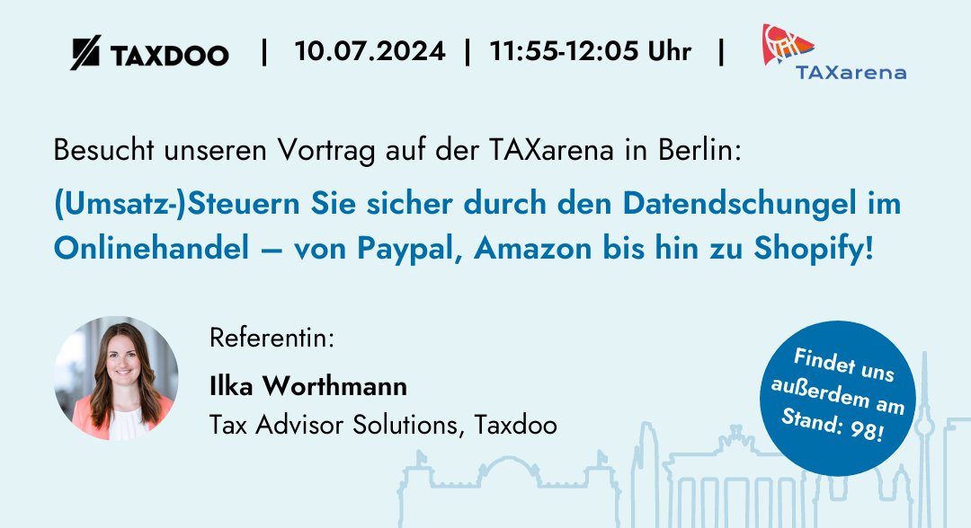 Wir zeigen euch auf der #TAXarena in Berlin, wie ihr einen Überblick im Datendschungel bekommt! 💻✅

In Ilka Worthmann’s Vortrag zeigt sie euch, wie ihr als #Steuerberater diesen Datenhaufen korrekt und erfolgreich meistert.
Wir freuen uns auf euch! 🙌🏻