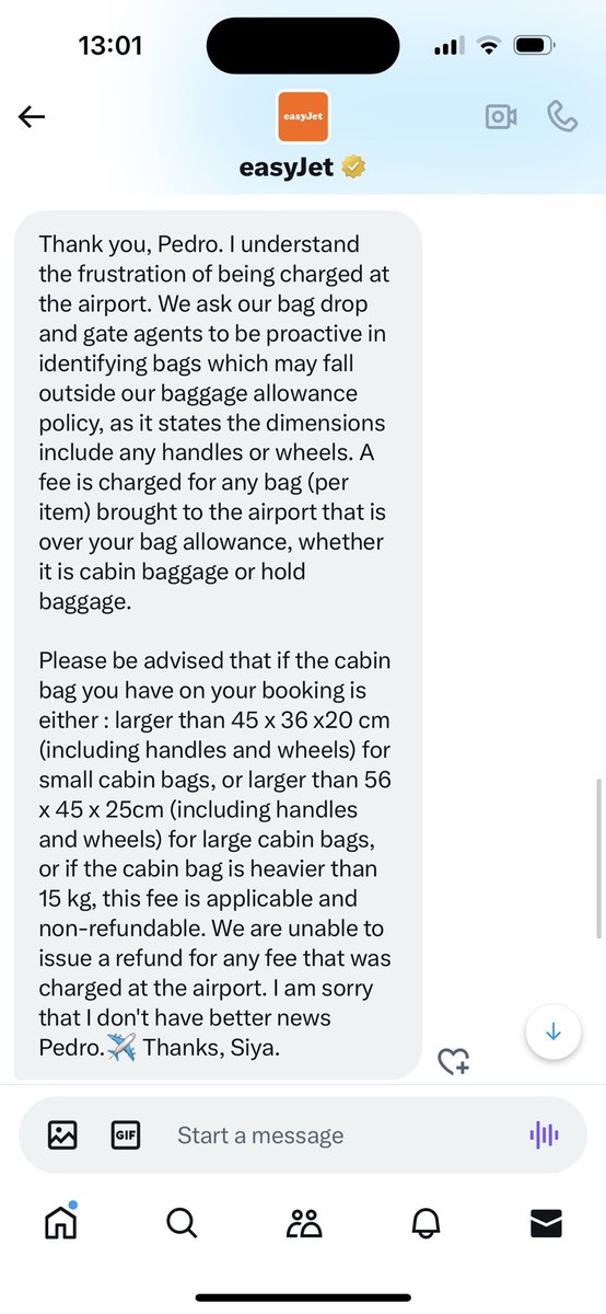 pedroavalente's tweet photo. @easyJet I explained everything, that the luggage was smaller, it fitted on the tracker and I was charged unfairly. The answer: 

That’s how easyJet works. Happy to know that you stand for these values 💙 https://t.co/D9kFR7YxIB