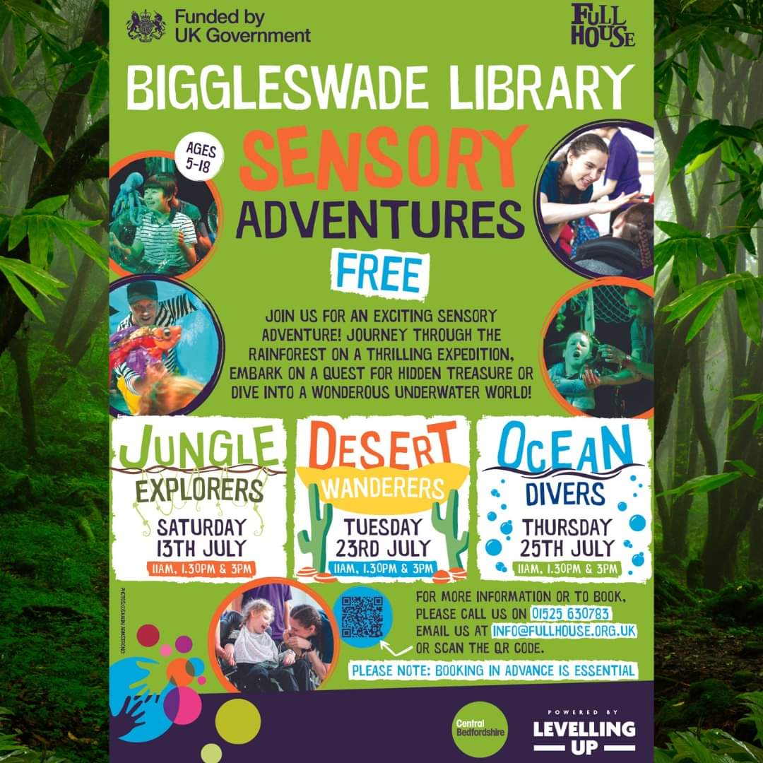 🦜EXCITING NEWS - We'll be making our first visit to BIGGLESWADE LIBRARY this SATURDAY!🌿
SENSORY ADVENTURES TOUR - JUNGLE EXPLORERS
11AM, 1.30PM &amp; 3PM
ADVENTURE AWAITS... Journey through the misty RAINFOREST &amp; meet COLOURFUL new JUNGLE FRIENDS! More info: fullhouse.org.uk/current-show/s…