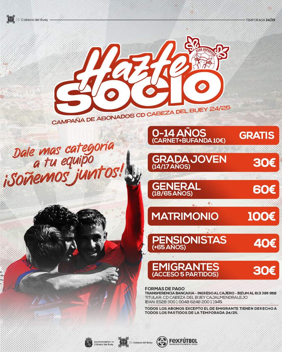 🔴 HAZTE SOCIO!

🔜 La emoción está a punto de comenzar y queremos que formes parte de nuestra familka 
🗣️Adquiere tu carnet de socio y apoya al equipo en esta temporada 24/25 ¡Juntos somos más fuertes!

#aupacabeza
 #CDCabezaDelBuey #Temporada2425 #SomosUnaFamilia #HázteAbonado