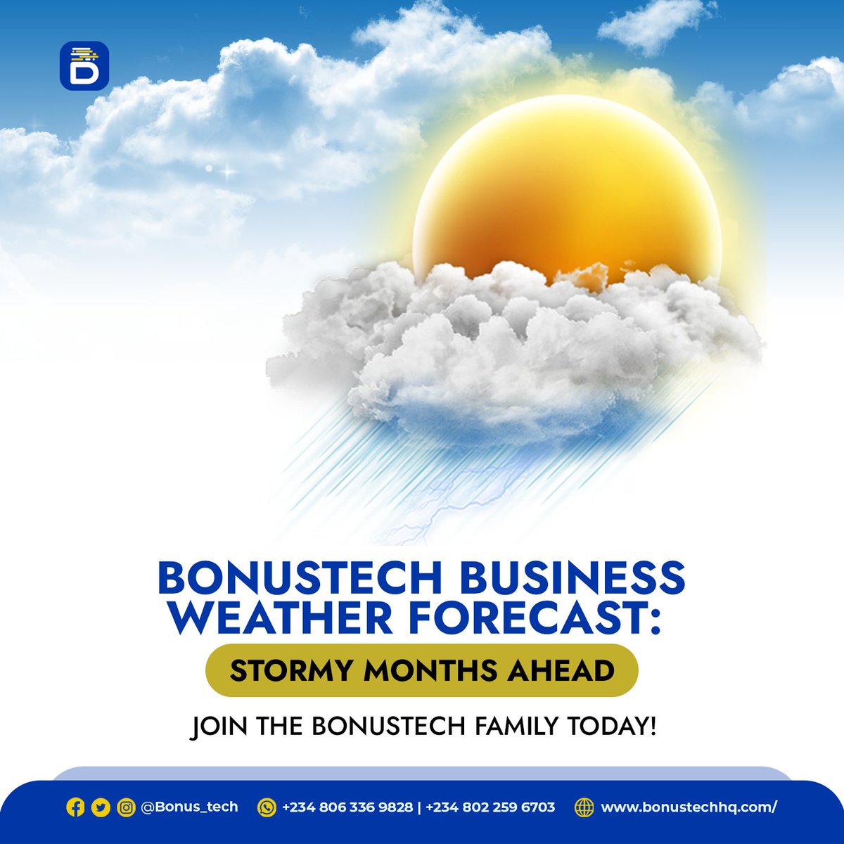 BonusTechnology's tweet image. The climate in Nigeria may not be the best for businesses, but you don&apos;t have to suffer for it. You can join the bonustech umbrella to escape the storm. Send a DM to learn how we can help with your business growth and development. 
.
.
.
.
#business #brandimage #weatherforecast