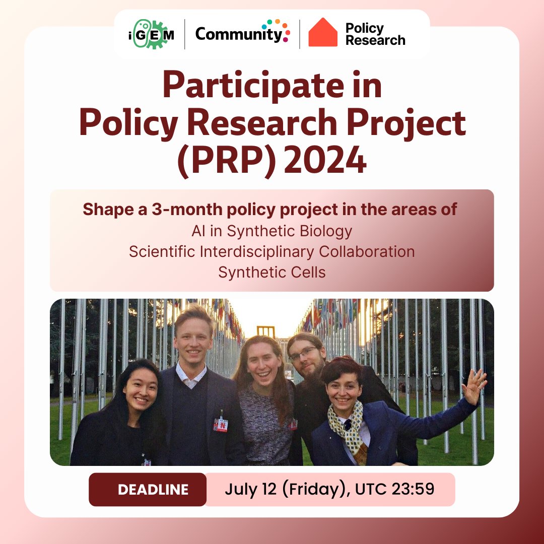 iGEMCommunity's tweet photo. Applications for the iGEM Community Policy Research Project (PRP) 2024 are now OPEN! 

If you're passionate about synthetic biology policy and eager to shape a 3-month policy project with a dynamic team of 3-5 members, this is your chance:

Apply Here
https://t.co/RLL6oNlP5U https://t.co/ji0Le5ynF3