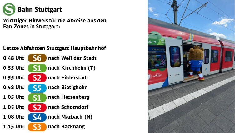 SBahn_Stuttgart's tweet photo. ⚽️#EURO2024 ⚽️

Empfehlung für eure An- und Abreise zu den Fan Zones in #Stuttgart zum Spiel #Spanien🇪🇸 - #Frankreich🇫🇷

ℹ️ Beachtet bitte jeweils die letzten Abfahrten der S-Bahnen ab Stuttgart.

@2024Stuttgart @bpol_bw @PP_Stuttgart @stuttgart_stadt #SPAFRA #UnitedbyFootball https://t.co/aCotfT5S8I