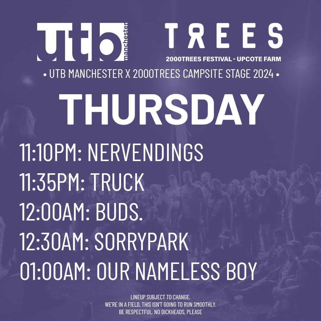 UTBMCR's tweet photo. UTB x @2000trees 2024

This year we're welcoming back @noncanon555, @EndingsNerve, @SorryParkUK, and @soootsprite and introducing @mcp_emo, @budsfullstop, @truckthebanduk, Back Teeth, @KylePaytheman, @ournamelessboy, Aaron McCallan, and @blakecateris.

See you in the fields! https://t.co/E8c4B3c008