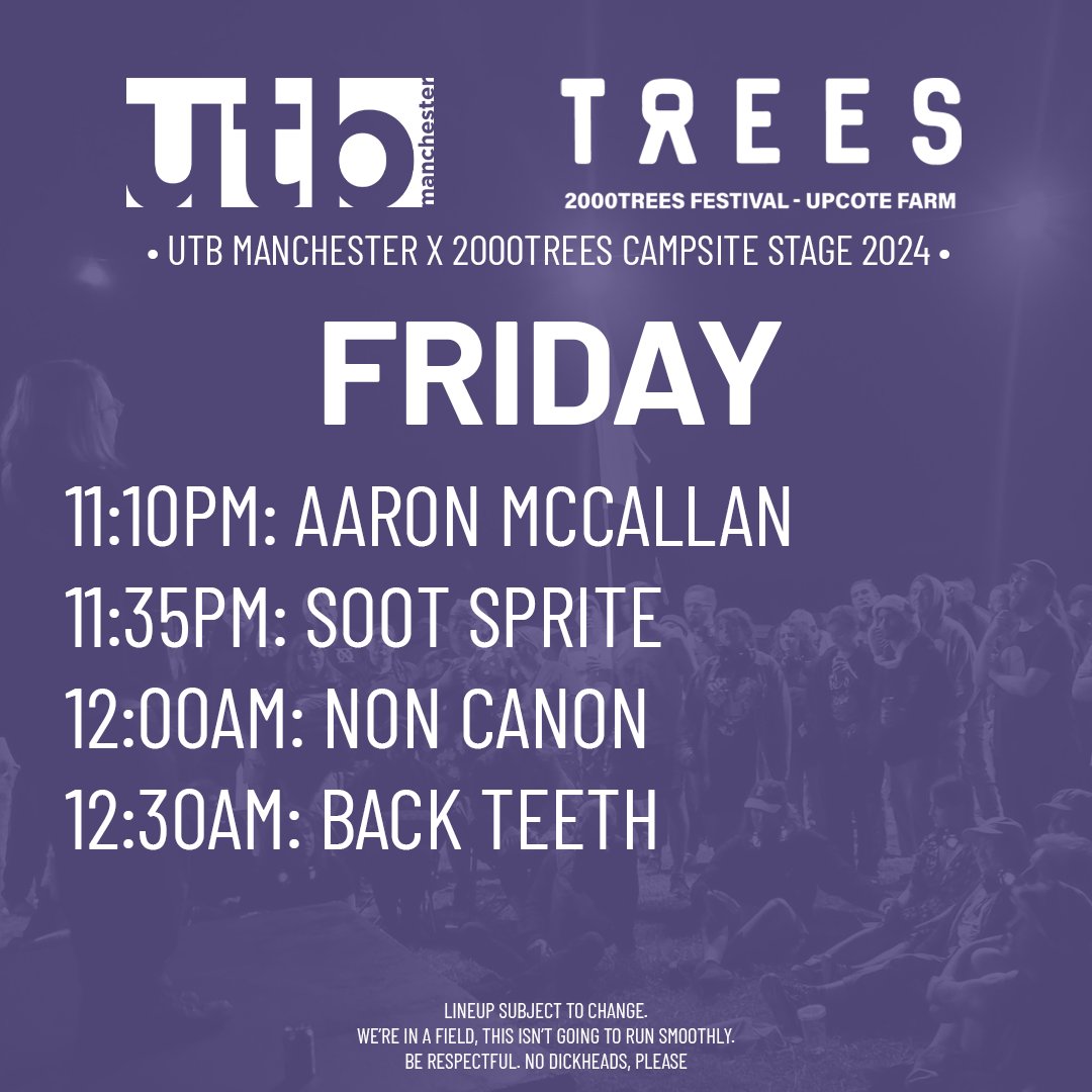UTBMCR's tweet photo. UTB x @2000trees 2024

This year we're welcoming back @noncanon555, @EndingsNerve, @SorryParkUK, and @soootsprite and introducing @mcp_emo, @budsfullstop, @truckthebanduk, Back Teeth, @KylePaytheman, @ournamelessboy, Aaron McCallan, and @blakecateris.

See you in the fields! https://t.co/E8c4B3c008