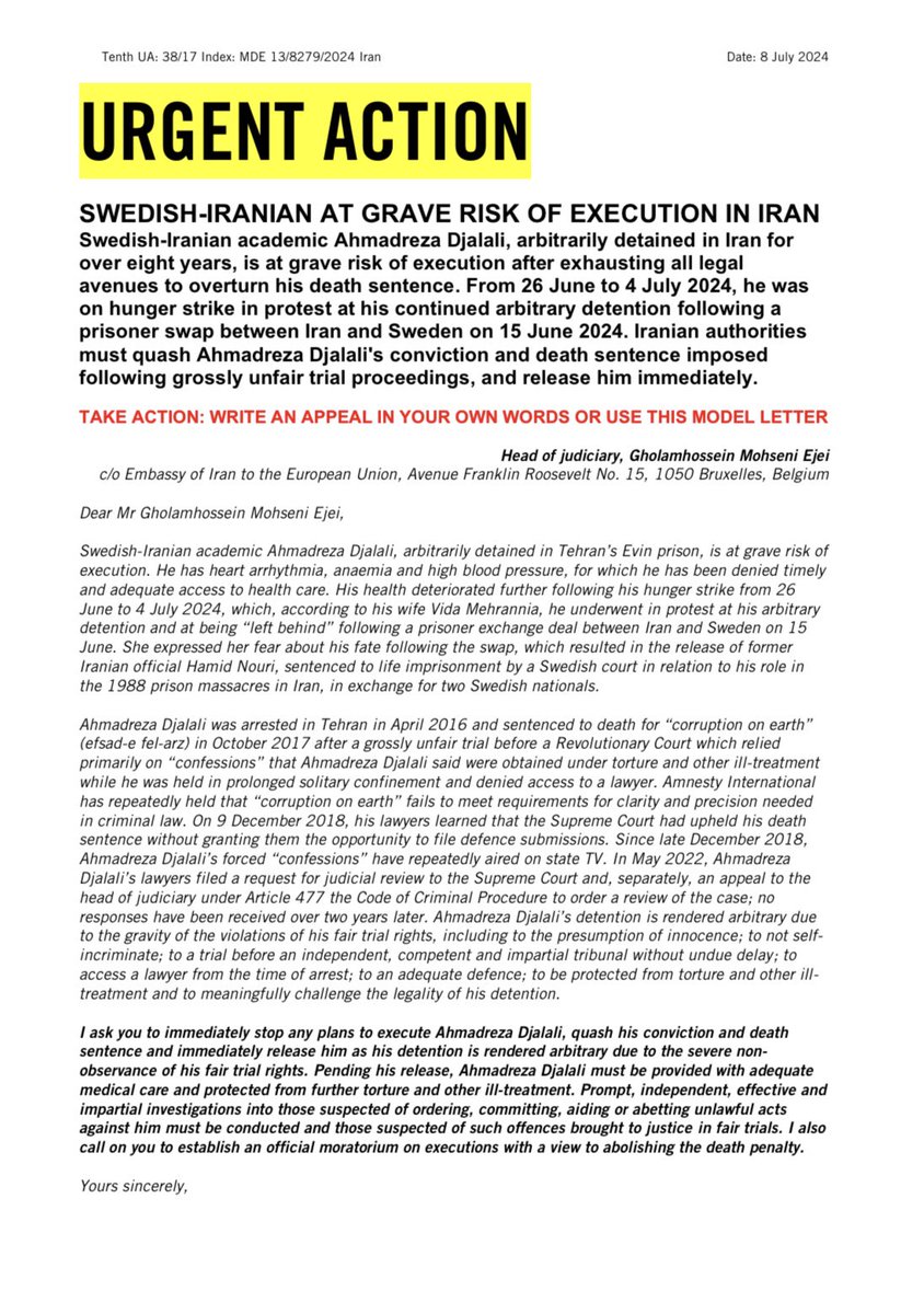 Free_Djalali's tweet photo. Urgent action by Amnesty International 🚨 Swedish-Iranian at Grave Risk of Execution in Iran: Ahmadreza Djalali https://t.co/ZJbBksXe2r