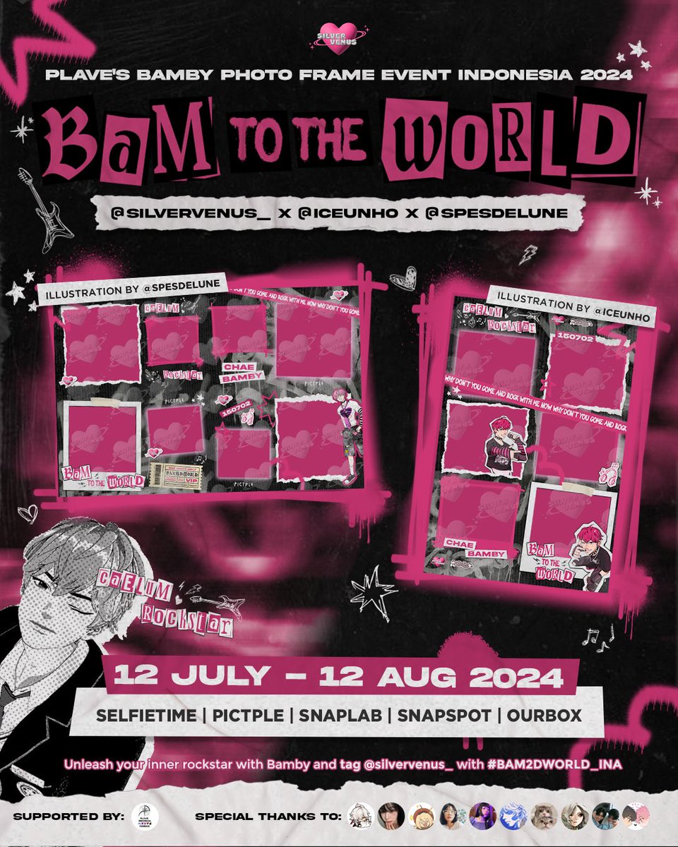 ⚡️🎸BAM TO THE WORLD 🎸⚡️

#PLAVE #BAMBY BIRTHDAY PHOTO FRAME EVENT by
<a href="/silvervenus_/">SILVER VENUS</a> x <a href="/iceunho/">ais ♥️🐺</a> x <a href="/spesdelune/">Asep Iriawan | comipara N09-12</a>

Unleash your inner rockstar with Bamby 📷✨

🗓️ from 12 July 2024
📍 details in thread ↓

Remember to tag <a href="/silvervenus_/">SILVER VENUS</a> &amp; use #BAM2DWORLD_INA 💗