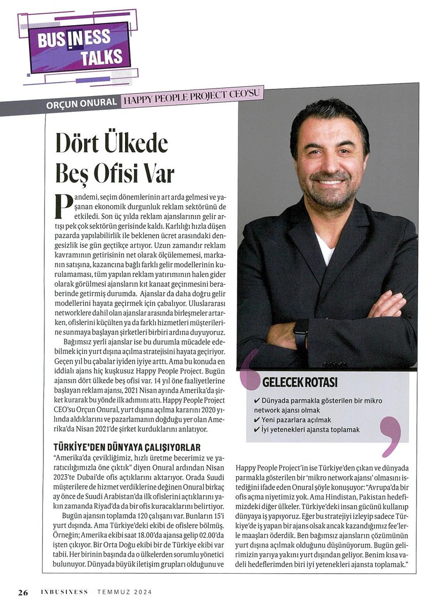 CEO’muz Orçun Onural Inbusiness Dergisi Temmuz Sayısında Fatoş Bozkuş’la yaşanan ekonomik durgunluğun reklam sektörüne etkisi ve Happy People Project'in geleceği hakkında konuştu.