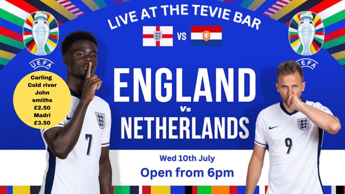 Join us at The Tevie Bar Wednesday at 6 PM for the epic showdown between England and the Netherlands! Enjoy unbeatable drink offers from 6 PM to 11 PM. Don't miss out on the thrilling atmosphere and fantastic deals—it's the perfect way to watch the game!