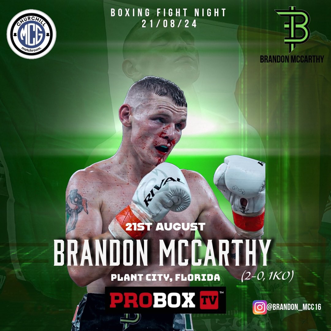 🗓️ August 21st 
📍 Florida
Delighted to be back out under the lights in 6 weeks, camp is going good and I’m looking forward to a big performance, 3-0 🔜
#teammccarthy #boxing #irishfighter #august21st