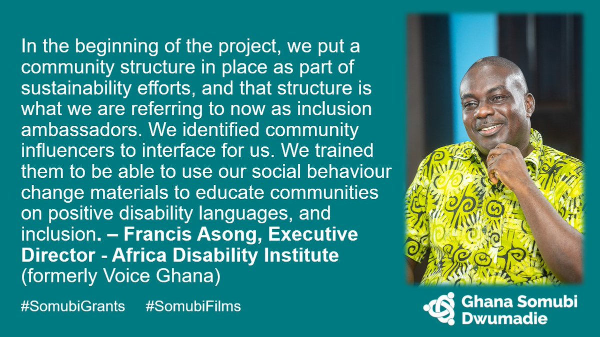 GhanaSomubi's tweet photo. Francis talks about how they identified and trained inclusion ambassadors who continue to interface with their communities on positive languages and disability inclusion.
Read our evidence and effectiveness grant evaluation: https://t.co/LkOSwYhlky
#SomubiFilms #SomubiGrants https://t.co/7k02FYoiqI