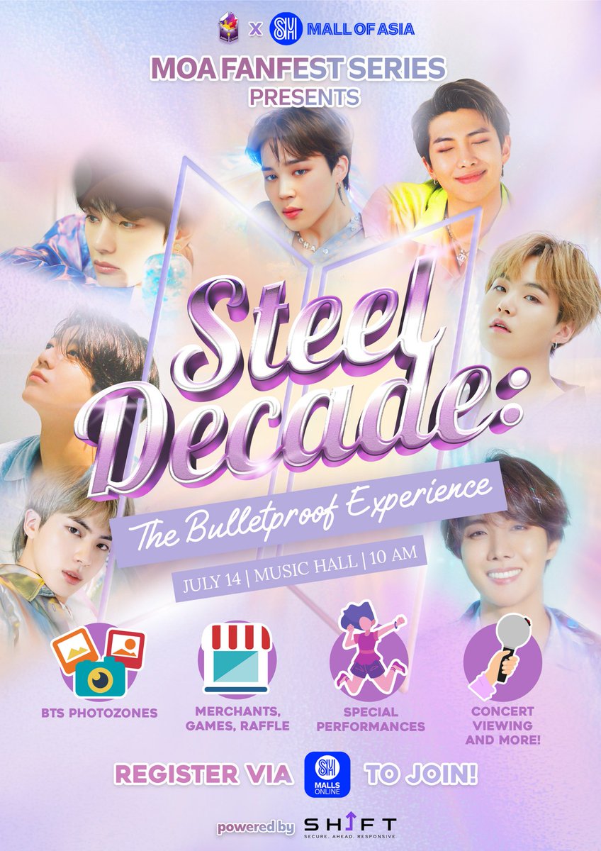 army_cavite's tweet photo. [1/3]

🎉 D-5 UNTIL THE BIGGEST, LOUDEST, GRANDEST BTS ARMY EVENT OF THE YEAR! 🎉

ARMY Cavite Fanbase and @TheMallofAsia bring you Steel Decade: The Bulletproof Experience at the Music Hall on July 14! ✨💜

Get ready for a day full of games, songs, and dances! Come and dine, shop, and join workshops! Bring your best poses and take pictures with our one-of-a-kind installations. 📸🥰

And most importantly, create unforgettable memories with your fellow BTS ARMYs! 💜

We guarantee you the most amazing BTS ARMY experience this Sunday! See you at the Music Hall, Mall of Asia, starting at 10 AM 🕙

Team Bahay? Team International? We’ll make sure you won’t miss a thing! 🫶

🔴Steel Decade: The Bulletproof Experience is going LIVE. Join us via LIVESTREAM on Facebook and Twitter, powered by Shift Philippines.