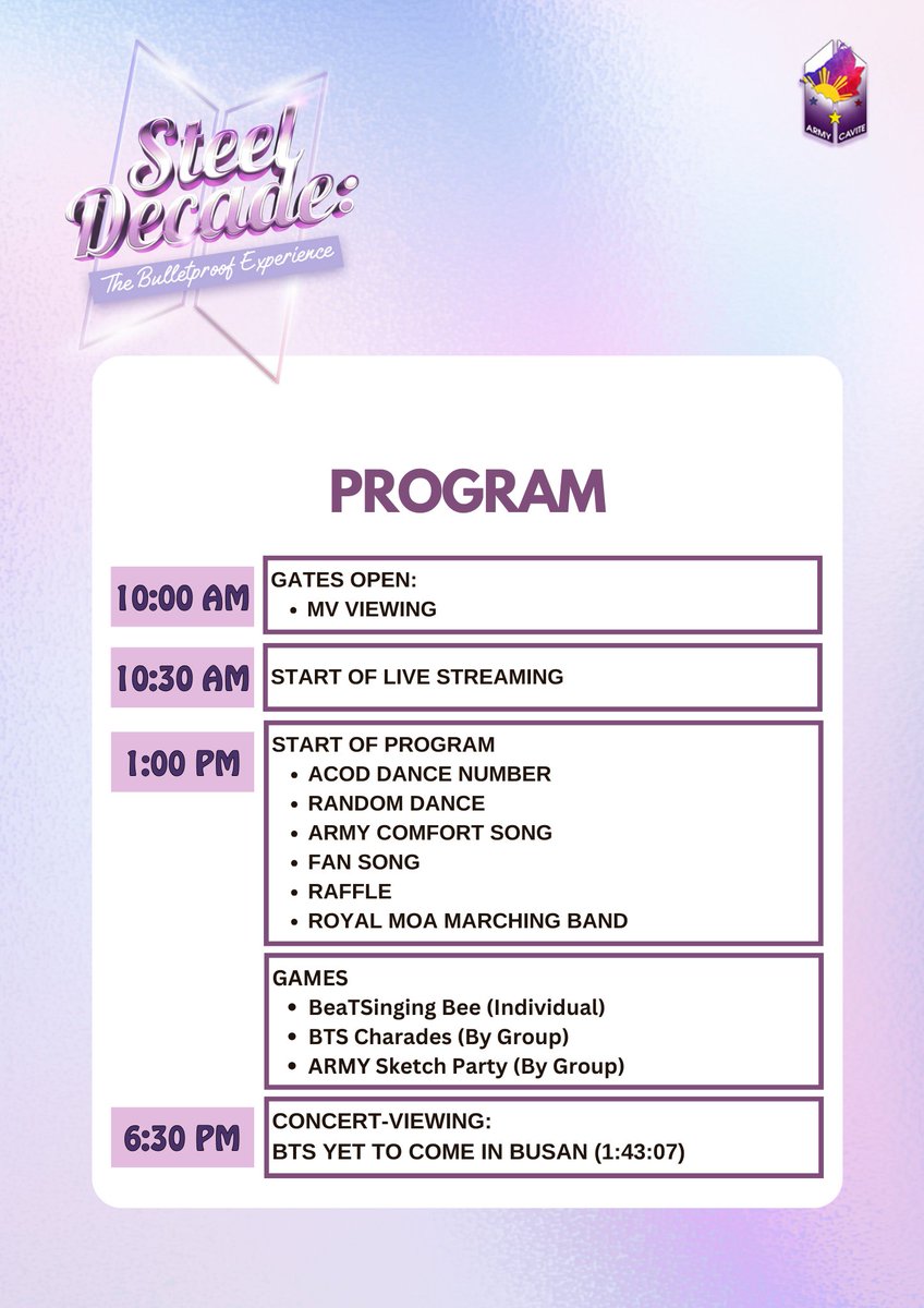 army_cavite's tweet photo. [1/3]

🎉 D-5 UNTIL THE BIGGEST, LOUDEST, GRANDEST BTS ARMY EVENT OF THE YEAR! 🎉

ARMY Cavite Fanbase and @TheMallofAsia bring you Steel Decade: The Bulletproof Experience at the Music Hall on July 14! ✨💜

Get ready for a day full of games, songs, and dances! Come and dine, shop, and join workshops! Bring your best poses and take pictures with our one-of-a-kind installations. 📸🥰

And most importantly, create unforgettable memories with your fellow BTS ARMYs! 💜

We guarantee you the most amazing BTS ARMY experience this Sunday! See you at the Music Hall, Mall of Asia, starting at 10 AM 🕙

Team Bahay? Team International? We’ll make sure you won’t miss a thing! 🫶

🔴Steel Decade: The Bulletproof Experience is going LIVE. Join us via LIVESTREAM on Facebook and Twitter, powered by Shift Philippines.