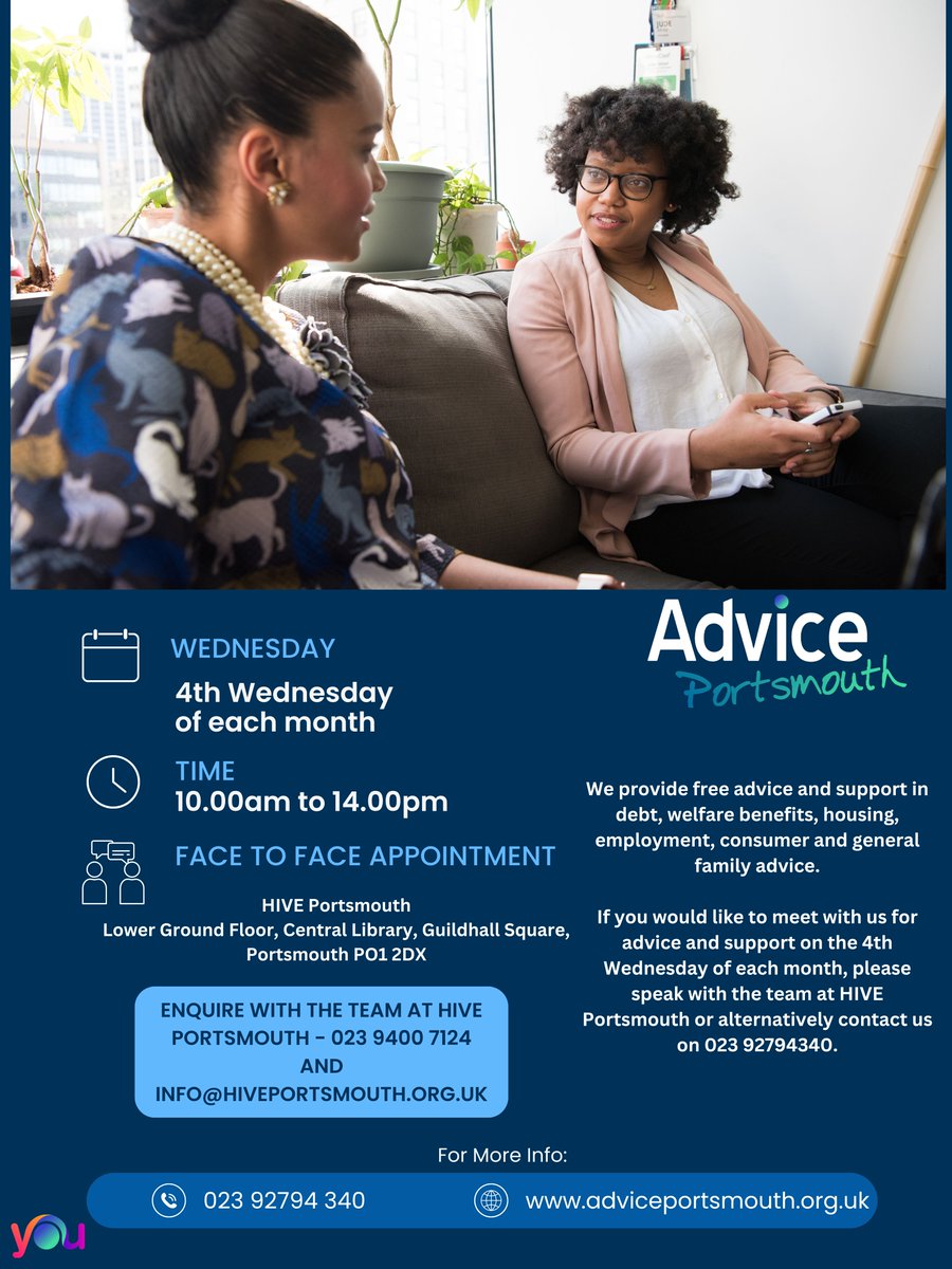 We'll be at HIVE Portsmouth's help desk in Portsmouth Central Library on the 4th Wednesday of the month. So come and have a chat to us about, social welfare, debt, welfare benefits, employment, housing, family, consumer law. Free, informed advice.