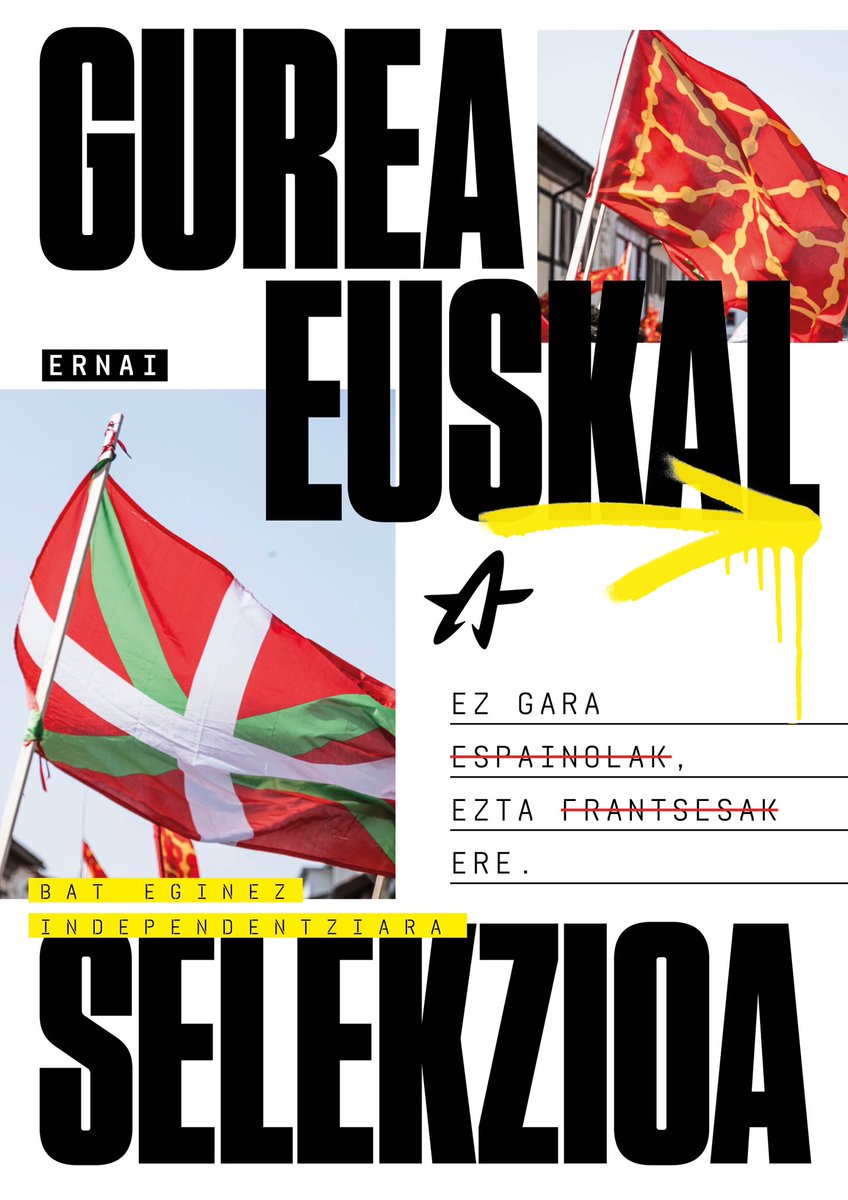 🇪🇸❌🇫🇷❌Gaur gure herria zapaltzen dituzten bi estatuen selekzioek jokatuko dute.

Futbolaz baliatuta gure herrian espainolismoa normalizatu nahi duten horiei argi diegu; Gu ez gara espainolak ezta frantsesak ere eta gurea Euskal Selekzioa da!

#BatEginezIndependentziara