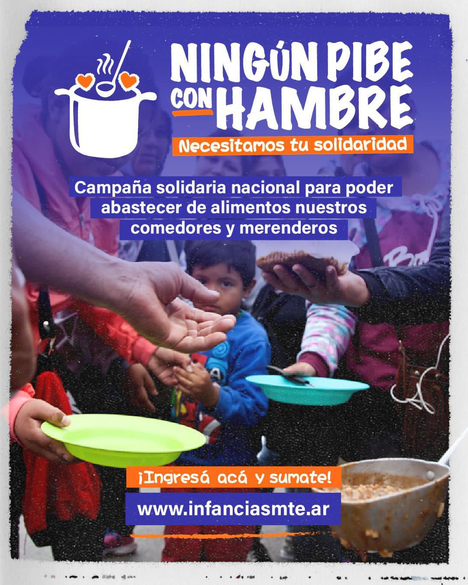 *🍲Ningún Pibe con Hambre* es una _campaña solidaria nacional para poder abastecer de alimentos a los comedores._

🇦🇷 Actualmente el Gobierno de *Milei no está garantizando la entrega de los alimentos* para quiénes más lo necesitan.

Gracias x difundir 👇🏾