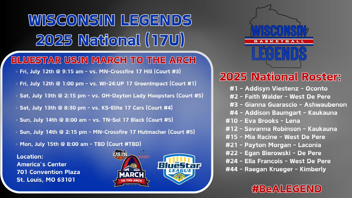 wilegends's tweet photo. Looking forward to our LEGENDS competing @USJN @BlueStarBB March To The Arch in STL for LIVE period #3😤bringing 3 talented 🌟teams to BATTLE⚔️#BeALEGEND #LEGENDSLiveHERE https://t.co/PFowzF1MEz