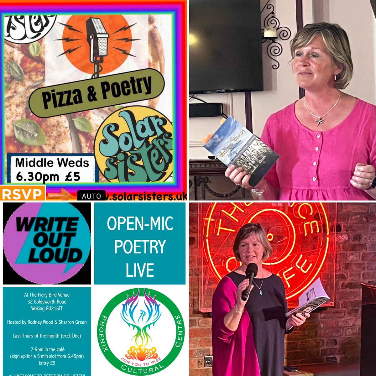 Performing poetry is a particular passion &amp; I host  Poetry &amp; Pizza #openmic at Solar Sisters Cafe in #Guildford on the middle Wednesday 🎤🍕

On the last Thursday of the month I co-host the @WOLPoetry #Woking #openmic at the <a href="/FieryBirdVenue/">Fiery Bird Music Venue</a> <a href="/PhoenixCultural/">PhoenixCulturalCtr</a> 🎤🎉