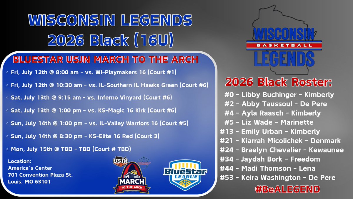 wilegends's tweet photo. Looking forward to our LEGENDS competing @USJN @BlueStarBB March To The Arch in STL for LIVE period #3😤bringing 3 talented 🌟teams to BATTLE⚔️#BeALEGEND #LEGENDSLiveHERE https://t.co/PFowzF1MEz
