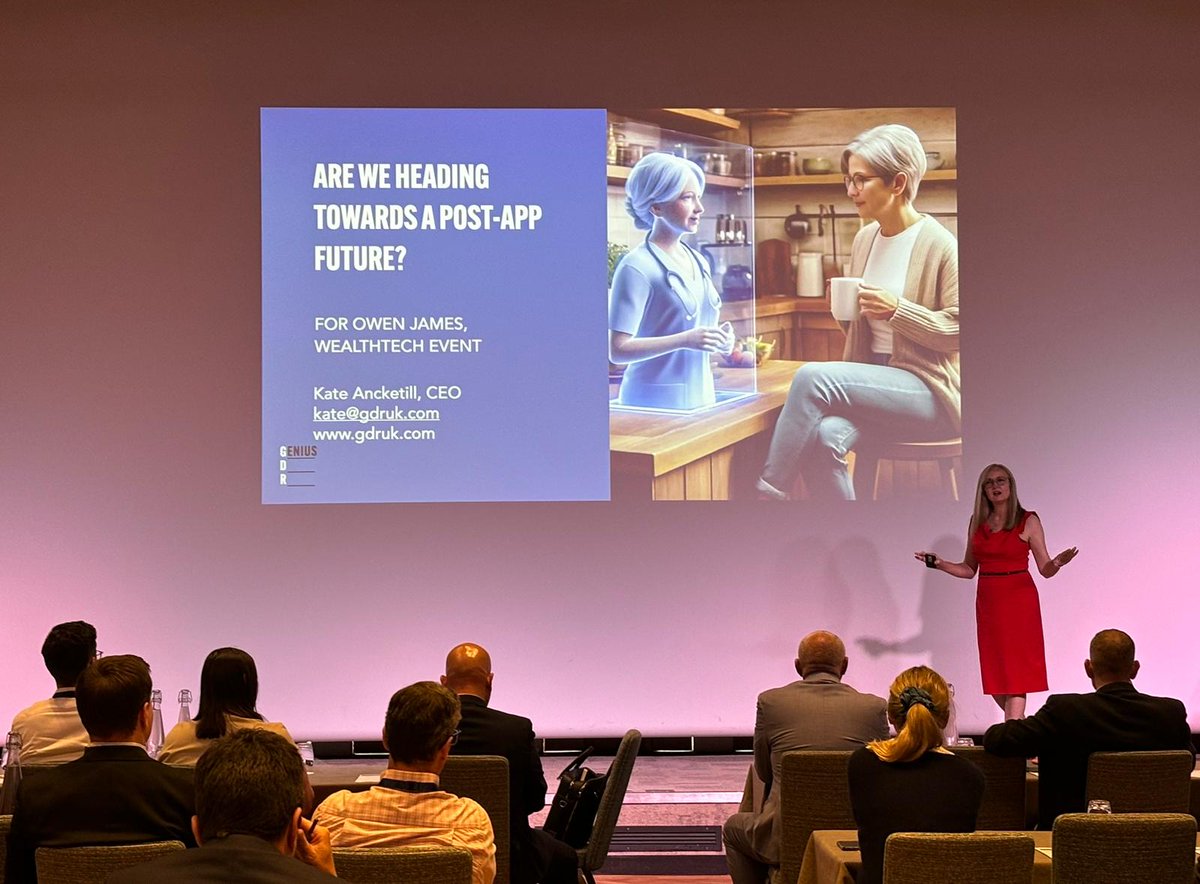OwenJamesFS's tweet image. At our #WealthTechMatters The Adviser event we heard a captivating keynote from Kate Ancketill of GDR - a leading business futurist consultancy, on the transformative impact of #AI on consumer behaviour and business practices.