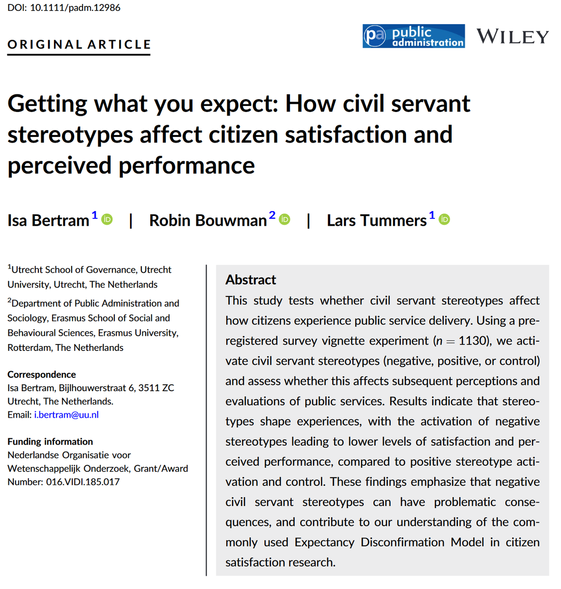 LGTummers's tweet photo. 🚨 New publication in Public Administration 🚨
Civil servants are often stereotyped as lazy and inflexible.
We show that negative stereotypes lead to lower satisfaction and perceived performance.
Hence, people who stereotype "get what they expect."
#sterotypes https://t.co/X5wC476XZV