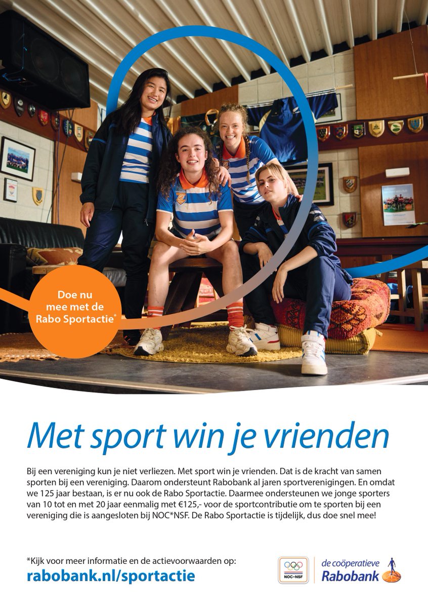 HuisvoordeSport's tweet photo. Rabo Sportactie! Ontvang nu tijdelijk een bijdrage van € 125,- aan de sportcontributie. Dit om jonge sporters van 10 t/m 20 jaar te ondersteunen om te (gaan) sporten bij een vereniging die is aangesloten bij @nocnsf. Meer info via https://t.co/O0WcMhcjBw @rabobank #blijfbewegen https://t.co/Iwtu1kvuyQ