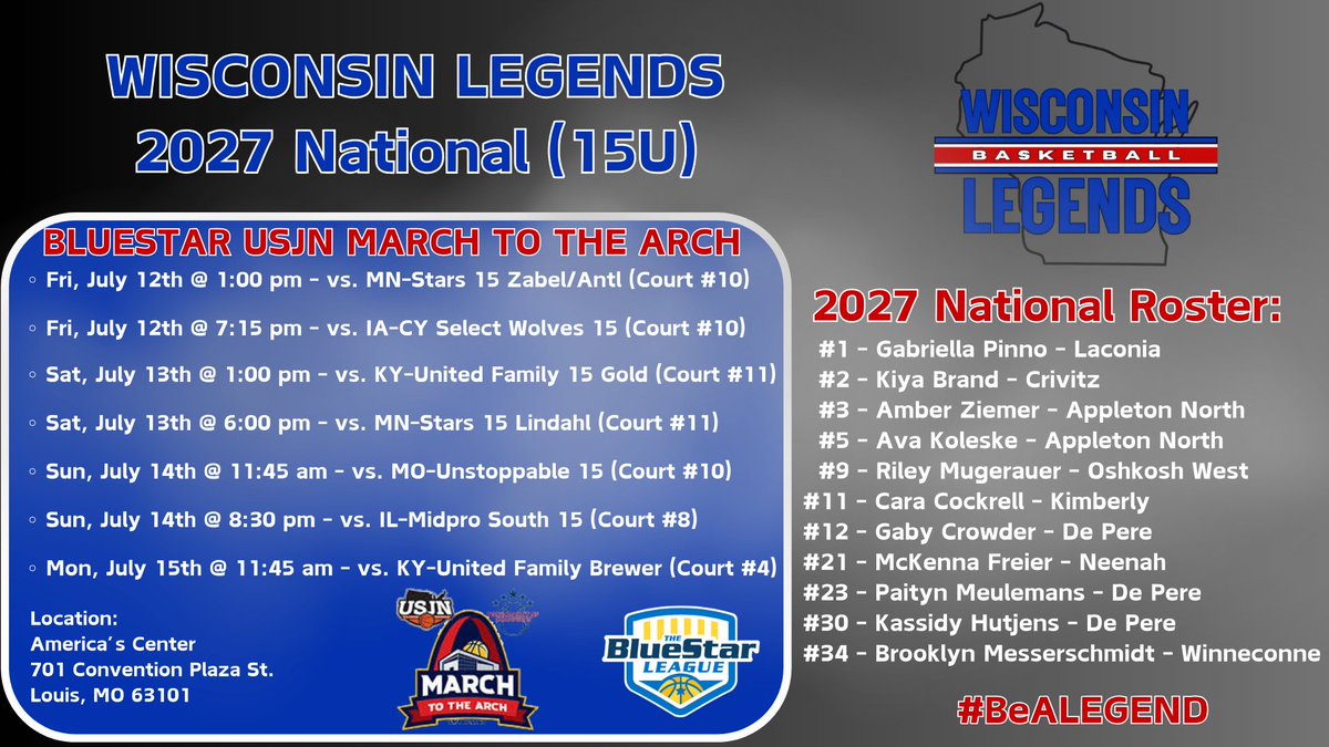 wilegends's tweet photo. Looking forward to our LEGENDS competing @USJN @BlueStarBB March To The Arch in STL for LIVE period #3😤bringing 3 talented 🌟teams to BATTLE⚔️#BeALEGEND #LEGENDSLiveHERE https://t.co/PFowzF1MEz