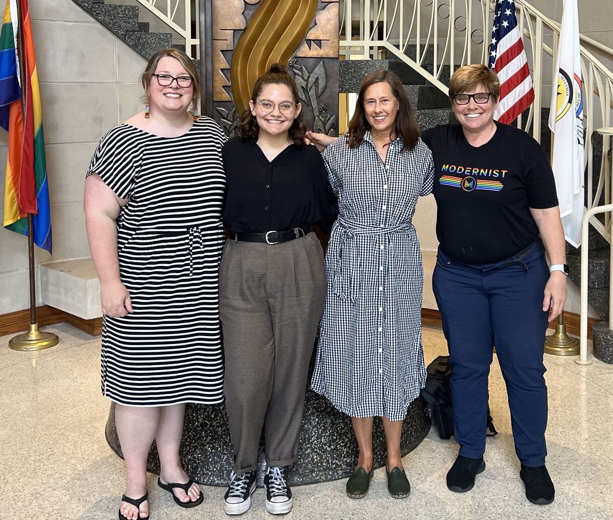 MiamiOHEnglish's tweet photo. Congrats to Wren Burks, MA in Comp+Rhet, for defending their thesis, "Transition Journeys, Petty Feuds, Praxis and Joy: Creating a Digital Networked Story Archive of Trans Lives"! Wren is seen here with their committee: Emily Legg (chair), Michele Simmons, and Madelyn Detloff. https://t.co/pu3fcJ0vWH