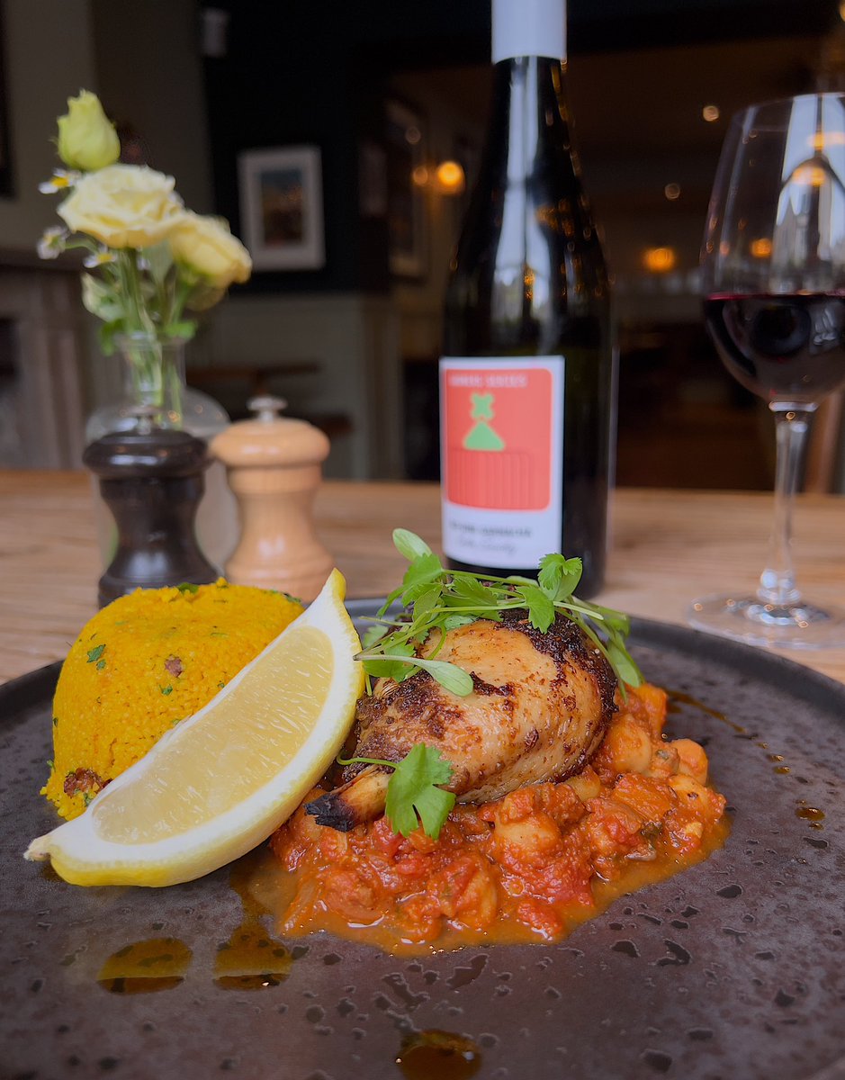 Lunch special, just £10! Moroccan spiced chicken leg, couscous, chickpea tagine, paprika oil