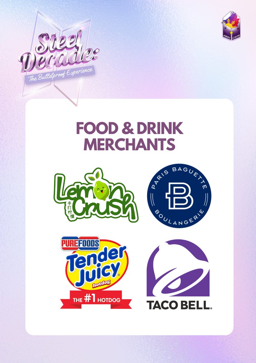 army_cavite's tweet photo. [2/3] ARMY Cavite Fanbase proudly presents Steel Decade: The Bulletproof Experience at the Music Hall on July 14th!

PARTNERS:
SM Mall of Asia 
SM Malls Online 
APOP
Shine, Dream, Smile Dental Studio

Food and Drink Merchant:
Tender Juicy Hotdogs 
Lemon Crush
Paris Baguette PH
Taco Bell PH

BTS Merch Sellers:
Arasseonni
btsintheshop.mnl
Behind The Scenes Merchandise
Hopebox PH
Koryana Merch PH
Littlethingsmnl
Shiella Creates
YourPixs