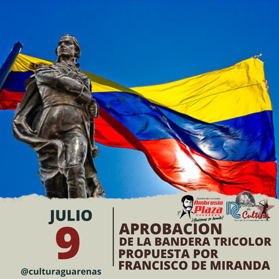 #CulturaGuarenas | #Aldía
#Efemeride El 09 de julio de 1811 el Congreso Nacional aprueba la propuesta de bandera tricolor presentada por el General Francisco de Miranda como un símbolo emblemático para la Patria.
#VenezuelaEsPoesia .<a href="/minculturave/">Ministerio del Poder Popular para la Cultura</a>
.<a href="/VillegasPoljak/">Ernesto Villegas Poljak</a> .<a href="/Freddy_Rod13/">Freddy Rodríguez</a>