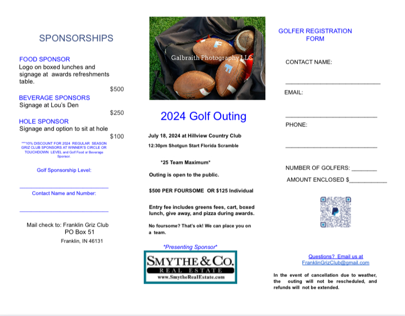 Griz Club Golf Outing '24 coming fast! Still openings for golfers. Sign up ASAP! Join friends for a fun day of golf and support our Grizzly Cub football program!