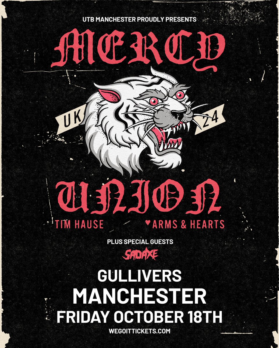 UTB Manchester (@utbmcr) on Twitter photo 🚨 New Show! 🚨
<a href="/mercyunionband/">Mercy Union</a> in Manchester! On sale now! 🐅
+ support from <a href="/timBILLhause/">TIM HAUSE</a>, <a href="/Armsandhearts/">Arms & Hearts</a>, and Sadaxe.
Tickets: wegottickets.com/event/626846
<a href="/gulliverspub/">Gullivers</a> 🚨 New Show! 🚨
<a href="/mercyunionband/">Mercy Union</a> in Manchester! On sale now! 🐅
+ support from <a href="/timBILLhause/">TIM HAUSE</a>, <a href="/Armsandhearts/">Arms & Hearts</a>, and Sadaxe.
Tickets: wegottickets.com/event/626846
<a href="/gulliverspub/">Gullivers</a>