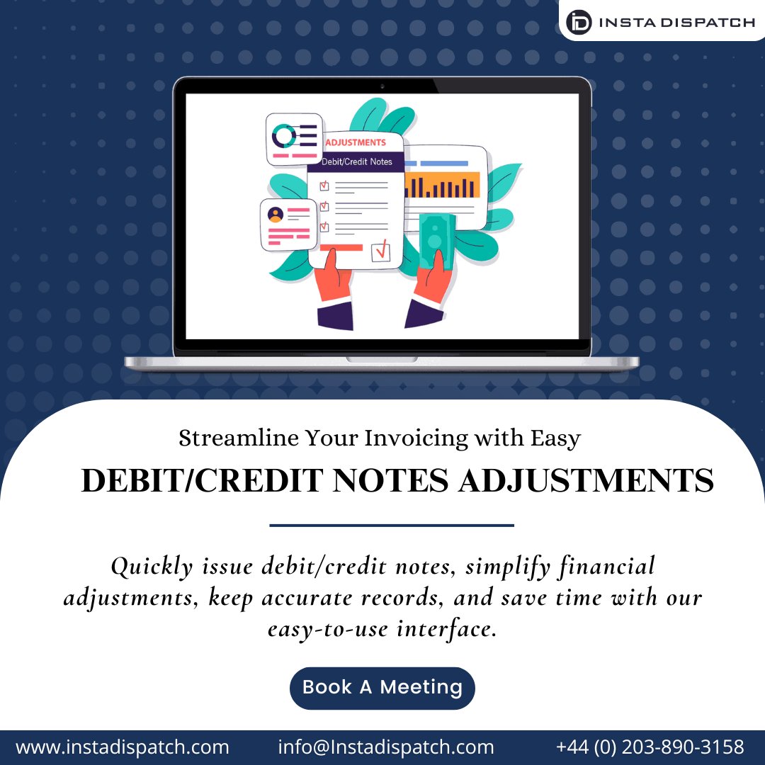 instadispatch's tweet image. Making adjustments just got easier with InstaDispatch! Debit/Credit notes can now be processed seamlessly, ensuring your invoices are always accurate. 

Book A Meeting: instadispatch.com
.
.
.
.
.
.
#InstaDispatch #invoicingmadeeasy #debitnotes #creditnotes