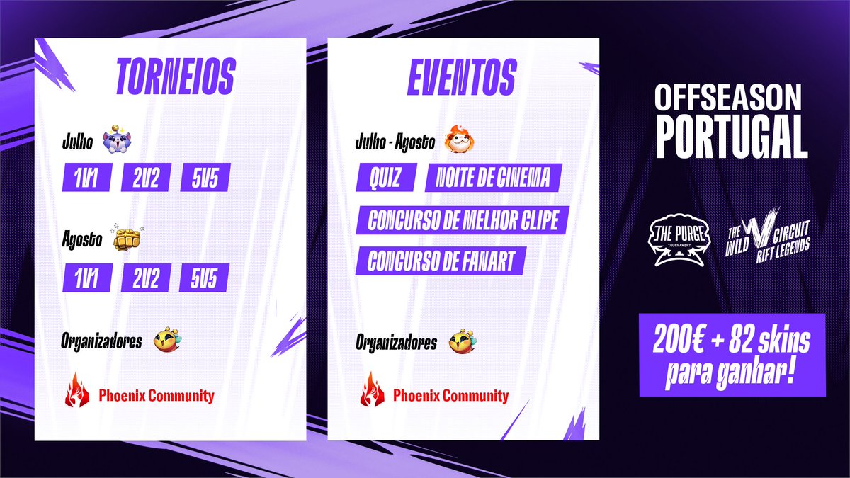 #RiftLegends está de volta com uma mágica pré-temporada repleta de eventos locais incríveis!

🗺️ Portugal
💸 200€ + 82 Baús de Skins Aleatórias para ganhar
🤝Organizado por <a href="/PhoenixPortugal/">Phoenix Community 🇵🇹</a> 

Mais informações em breve... ❤️