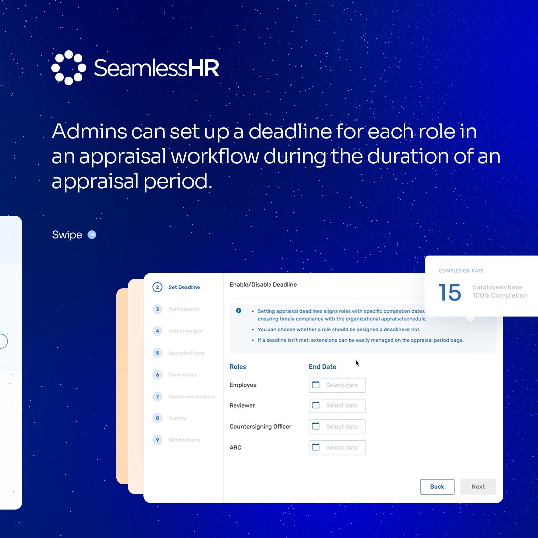 Seamless_hr's tweet photo. Say goodbye to delays and hello to seamless appraisals!
You can now set up deadlines for each role in an appraisal workflow, ensuring that your company's appraisal planning process is completed efficiently and on time.
#SeamlessPerformance #SeamlessHR #SeamGuide https://t.co/JTooOVJOpy
